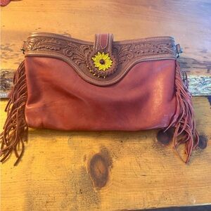 Reddish brown handmade, hand tooled Leather Fringe Bag NO STRAP